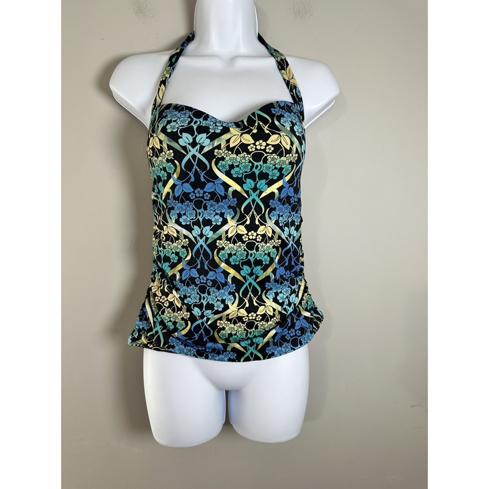 JETS by Jessika Allen Halter‎ Tankini Top Floral Art Nouveau Blue Teal Sz US 8